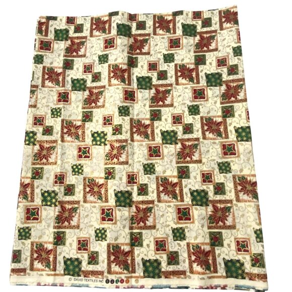 David Textiles Christmas Fabric Remnant 72" x 42" Poinsettia Holly Leaves Stars - Picture 2 of 4